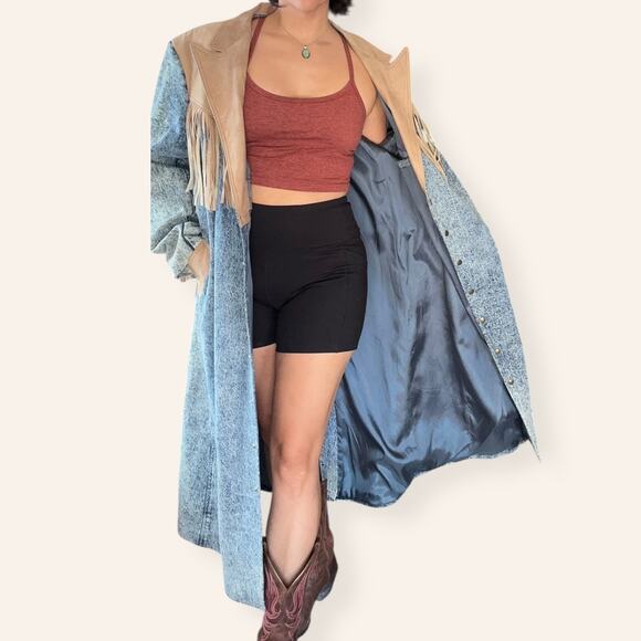 VTG Western Heavy Weight Acid Washed Denim Trench w/ Leather Fringe USA Made XL - Picture 3 of 16